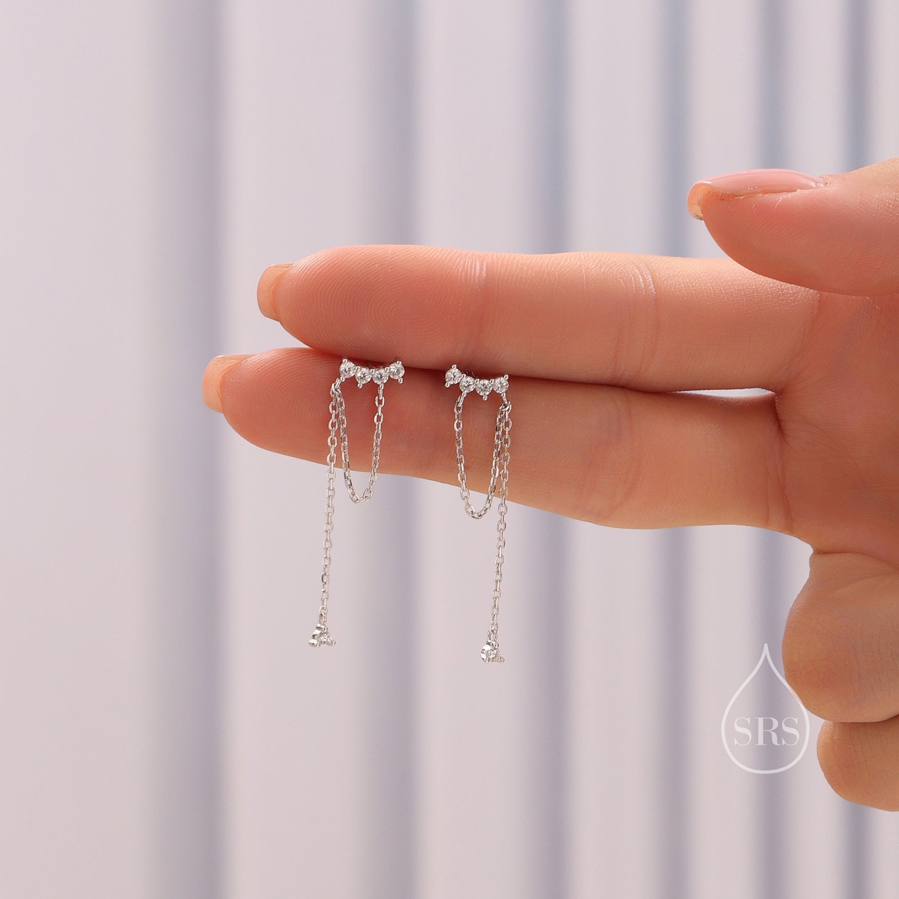 Curved CZ Bar Chained Stud Earrings in Sterling Silver, Silver, Gold or Rose Gold, Dangle Chain Earrings, Single Piercing