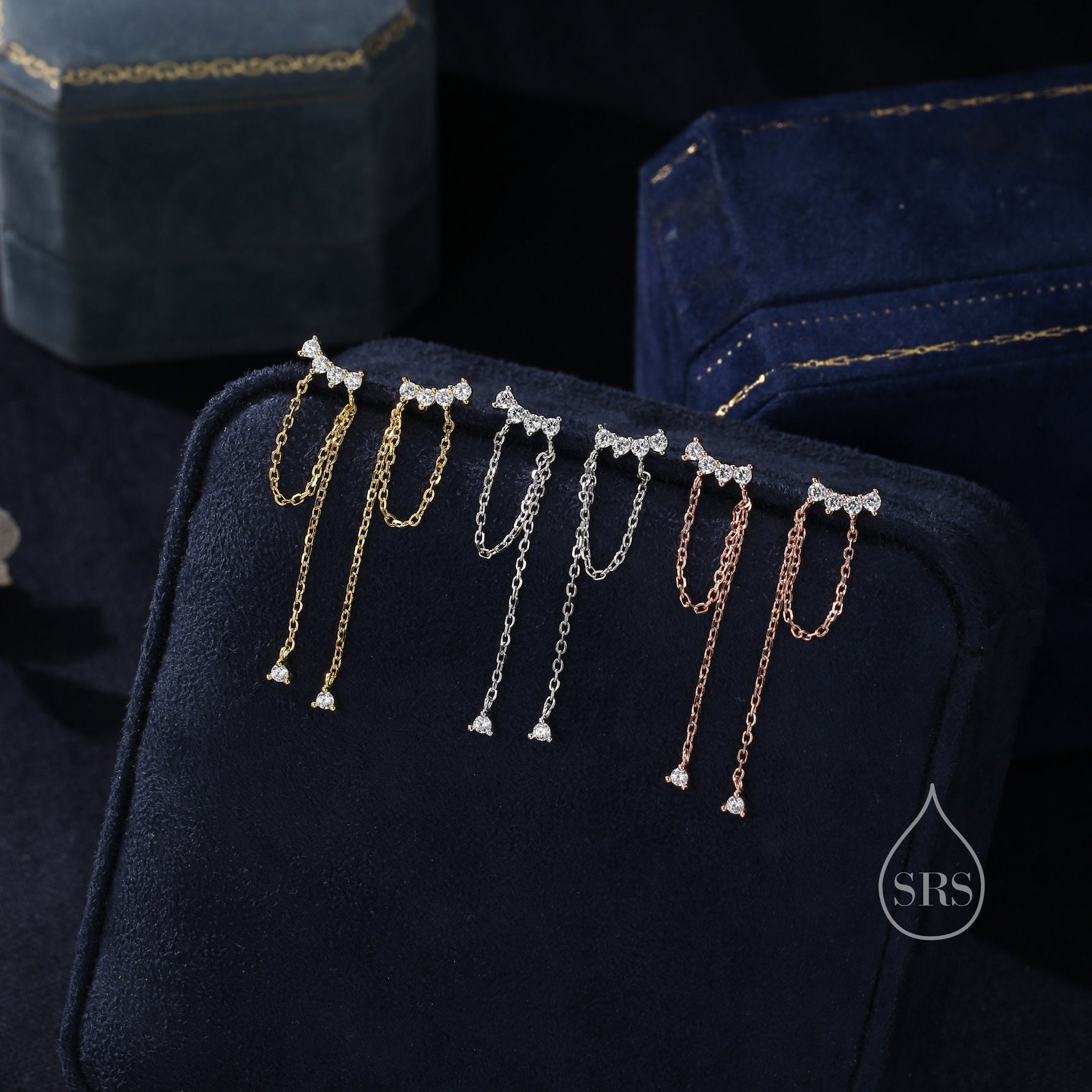 Curved CZ Bar Chained Stud Earrings in Sterling Silver, Silver, Gold or Rose Gold, Dangle Chain Earrings, Single Piercing