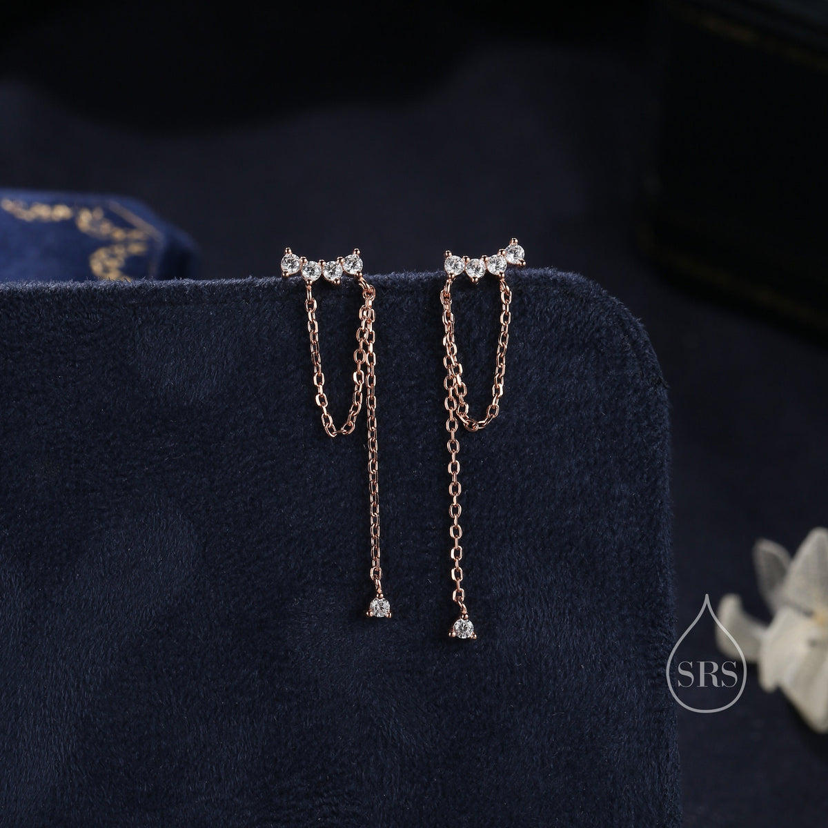 Curved CZ Bar Chained Stud Earrings in Sterling Silver, Silver, Gold or Rose Gold, Dangle Chain Earrings, Single Piercing