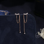 Curved CZ Bar Chained Stud Earrings in Sterling Silver, Silver, Gold or Rose Gold, Dangle Chain Earrings, Single Piercing