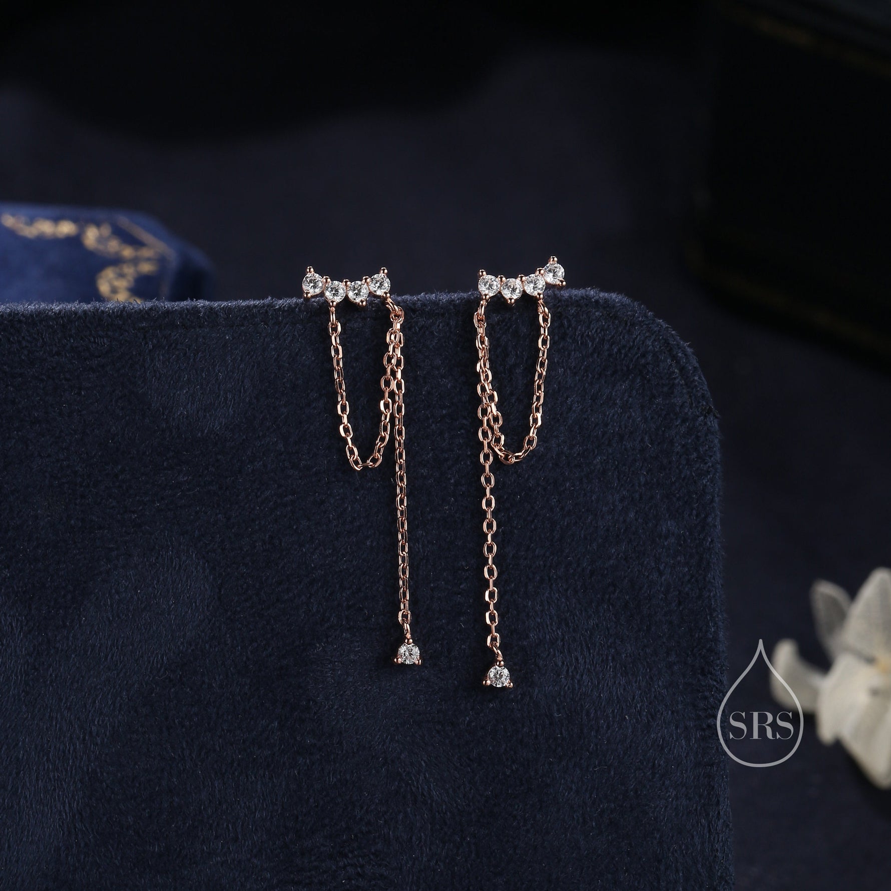 Curved CZ Bar Chained Stud Earrings in Sterling Silver, Silver, Gold or Rose Gold, Dangle Chain Earrings, Single Piercing
