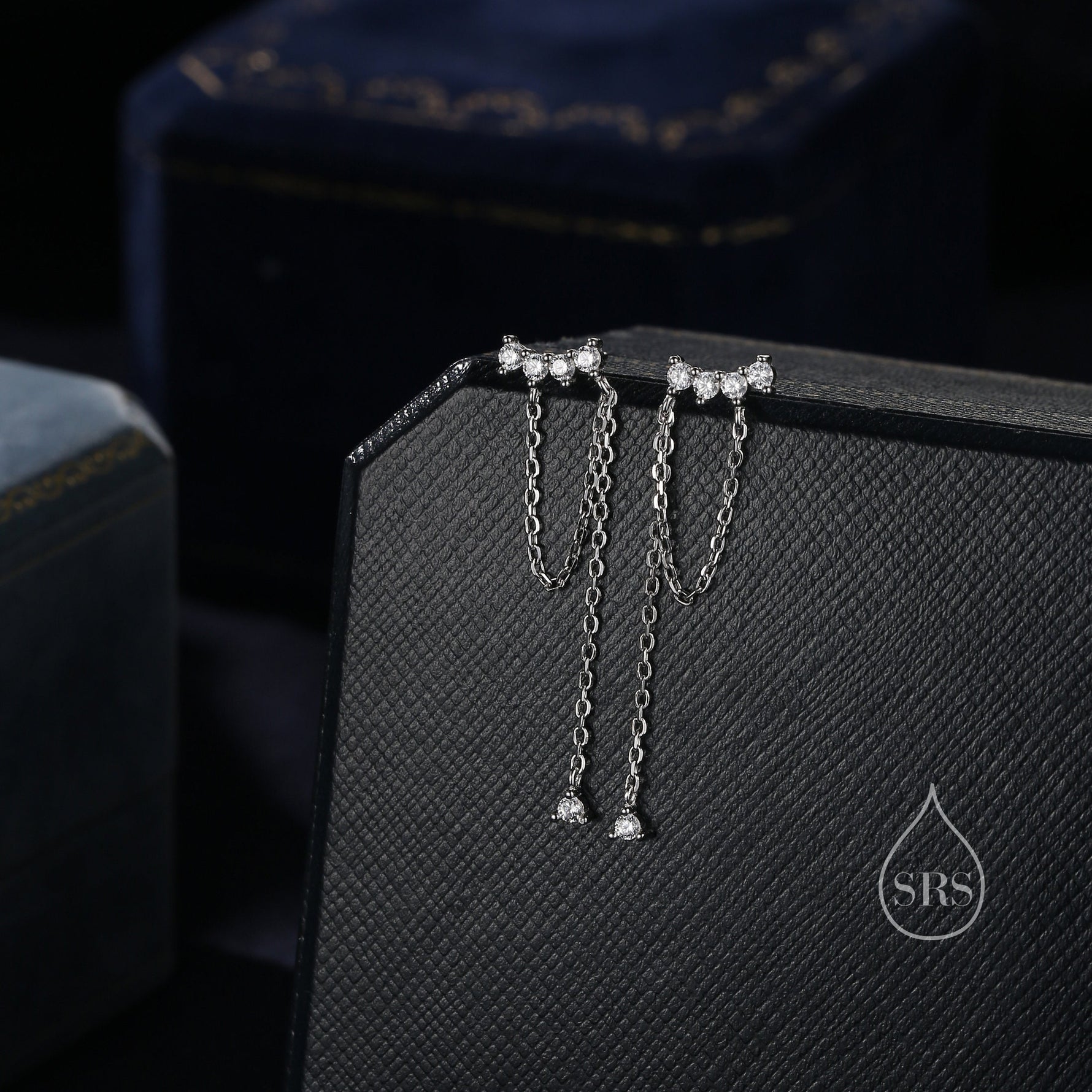 Curved CZ Bar Chained Stud Earrings in Sterling Silver, Silver, Gold or Rose Gold, Dangle Chain Earrings, Single Piercing