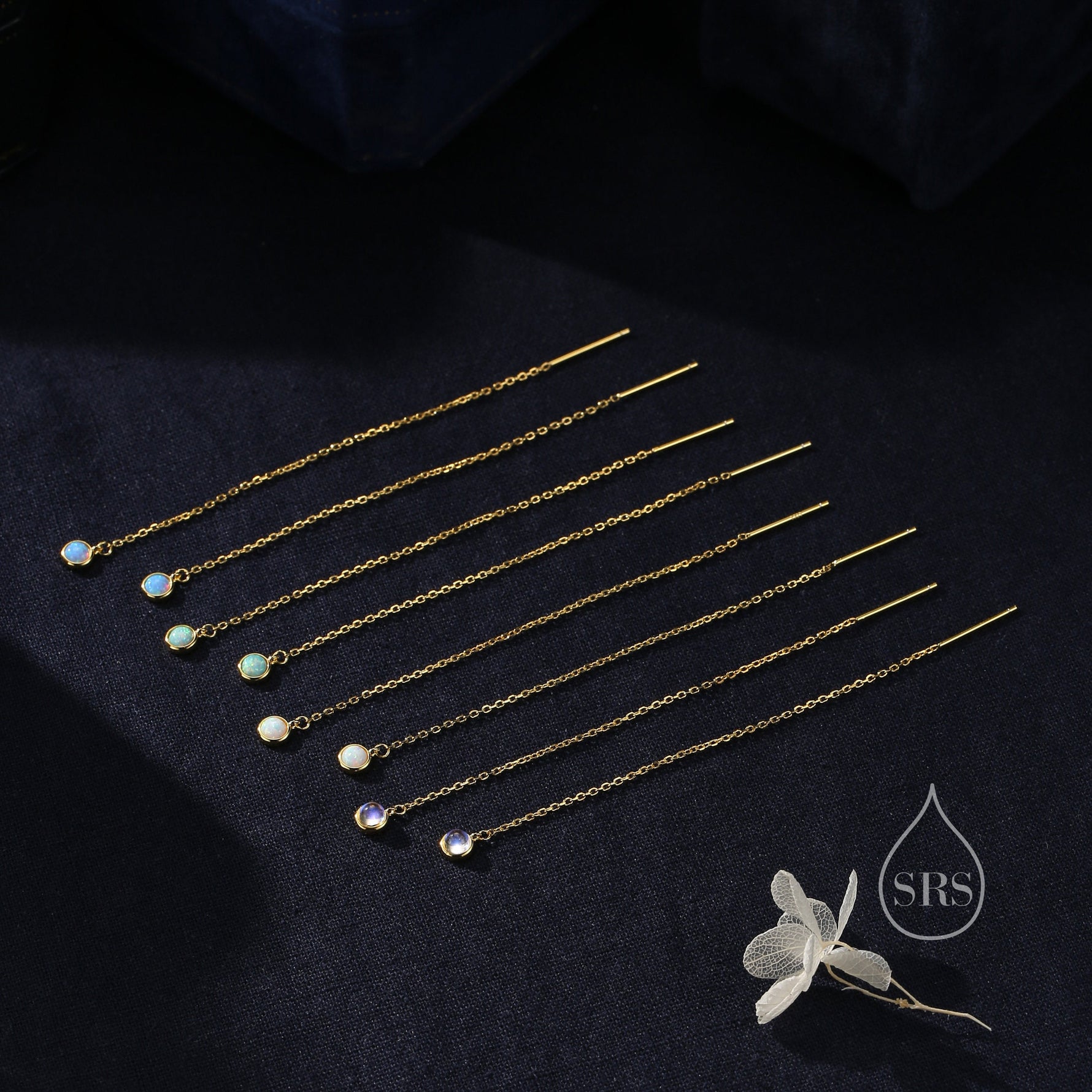 White Opal Dot Long Threader Earrings in Sterling Silver
