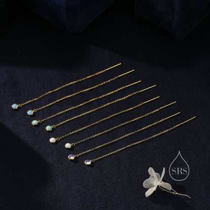 White Opal Dot Long Threader Earrings in Sterling Silver, Lab Opal Coin Ear Threaders, Silver or Gold, Opal Threaders