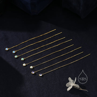 Blue Opal Dot Long Threader Earrings in Sterling Silver, Lab Opal Coin Ear Threaders, Silver or Gold, Opal Threaders