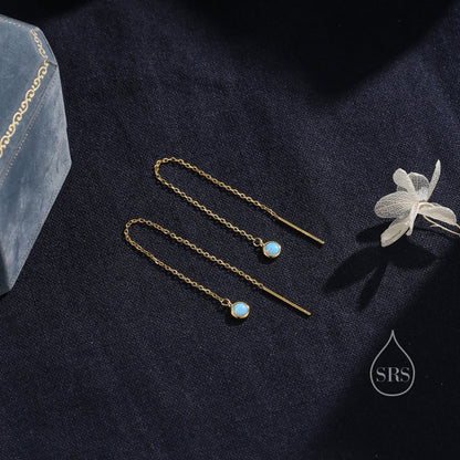 Aqua Green Opal Dot Long Threader Earrings in Sterling Silver, Lab Opal Coin Ear Threaders, Silver or Gold, Opal Threaders