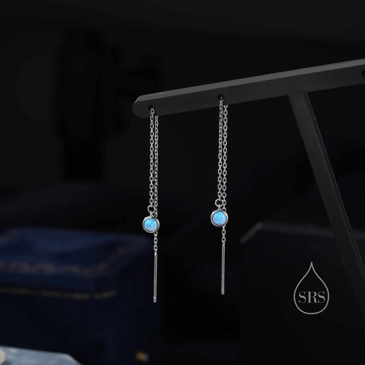 Blue Opal Dot Long Threader Earrings in Sterling Silver, Lab Opal Coin Ear Threaders, Silver or Gold, Opal Threaders