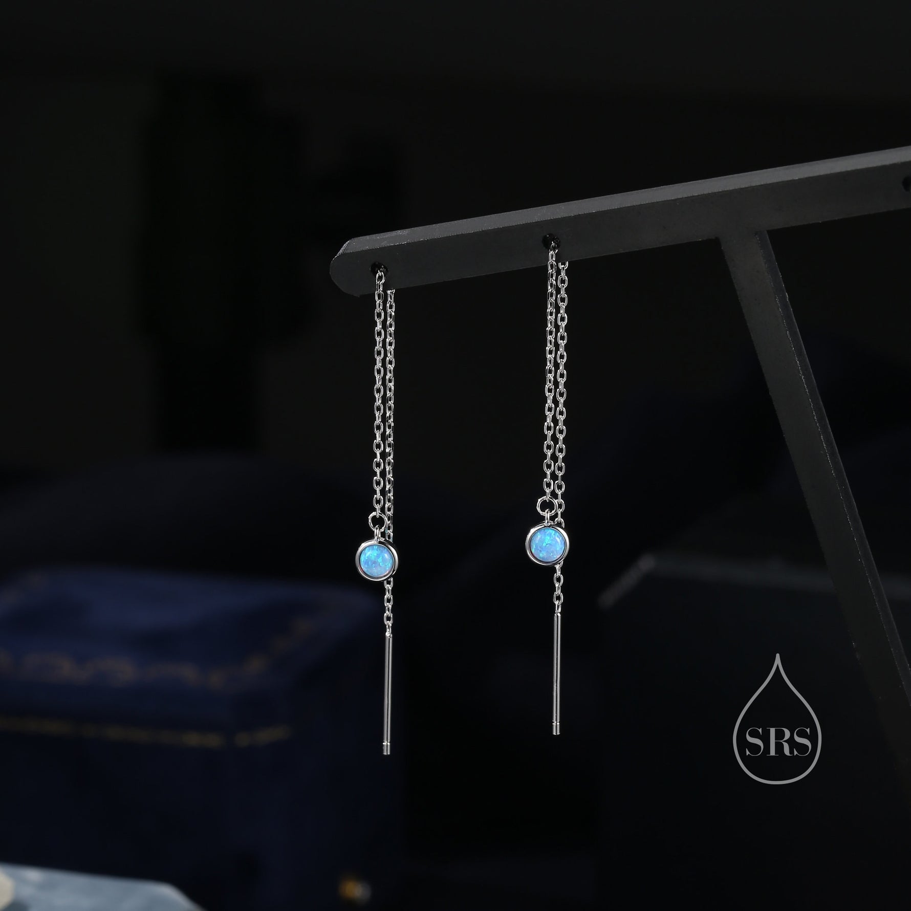 Blue Opal Dot Long Threader Earrings in Sterling Silver, Lab Opal Coin Ear Threaders, Silver or Gold, Opal Threaders