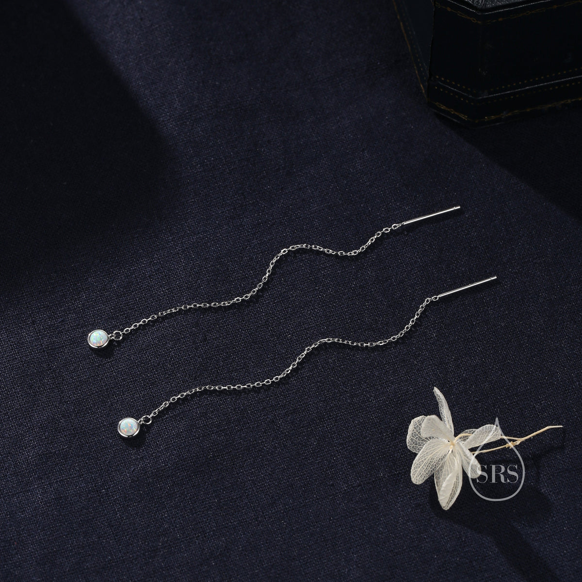 White Opal Dot Long Threader Earrings in Sterling Silver