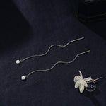 White Opal Dot Long Threader Earrings in Sterling Silver