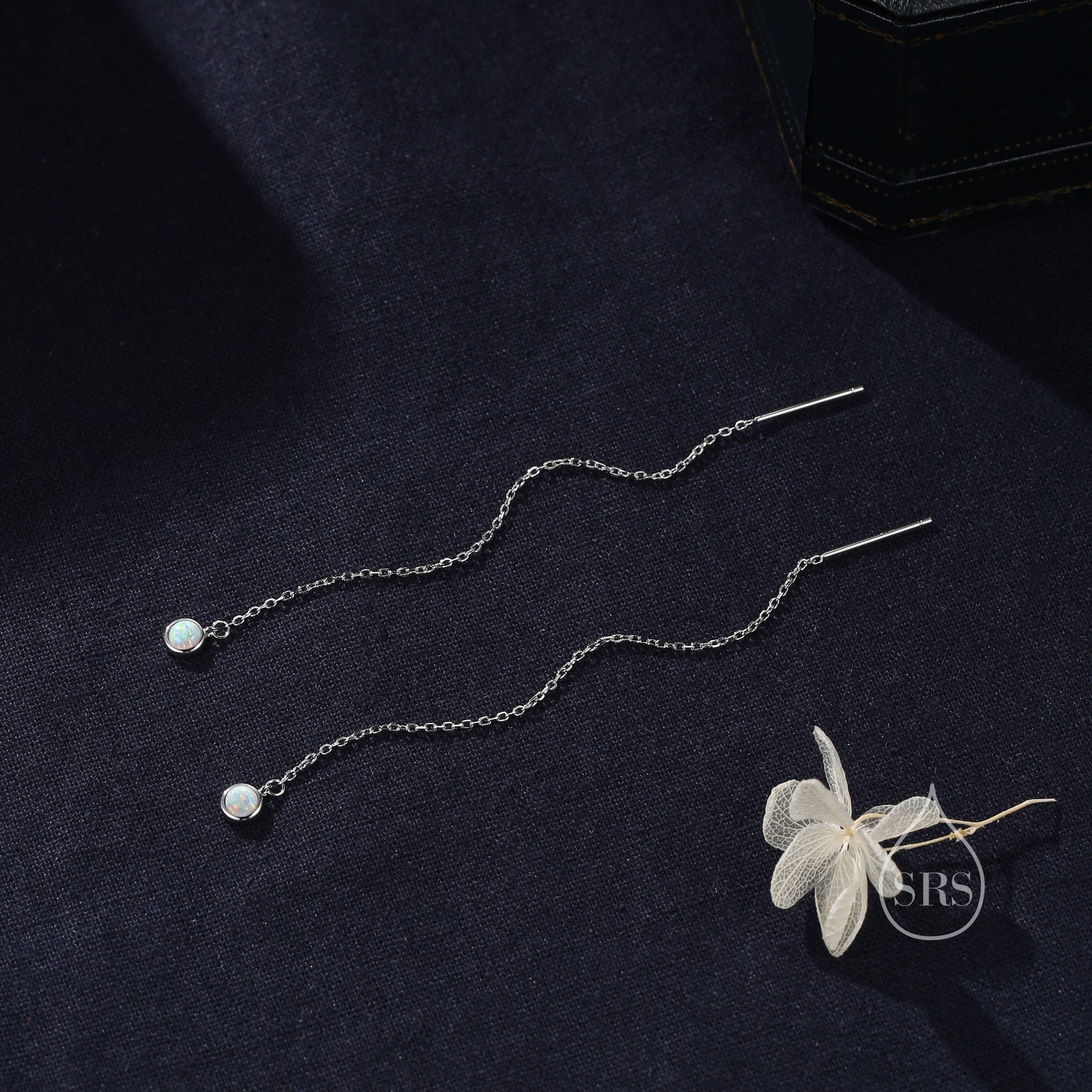 White Opal Dot Long Threader Earrings in Sterling Silver