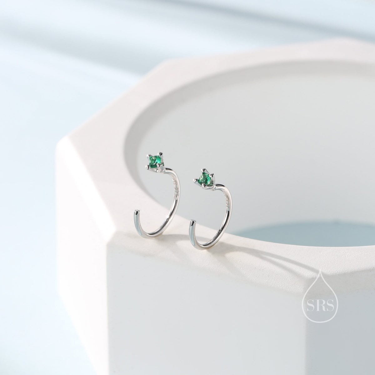 Sterling Silver Emerald Green CZ Open Hoop Earrings