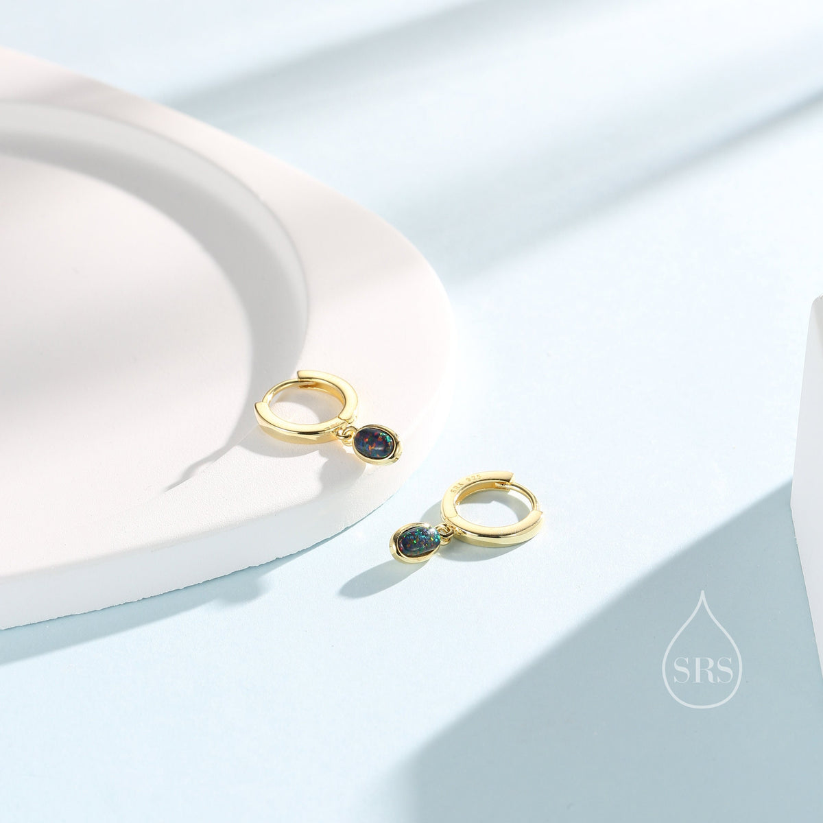 Sterling Silver Dangling Oval Black Opal Hoop Earrings, Lab Created Black Opal Charm Dangle Hoop Earrings, Silver or Gold