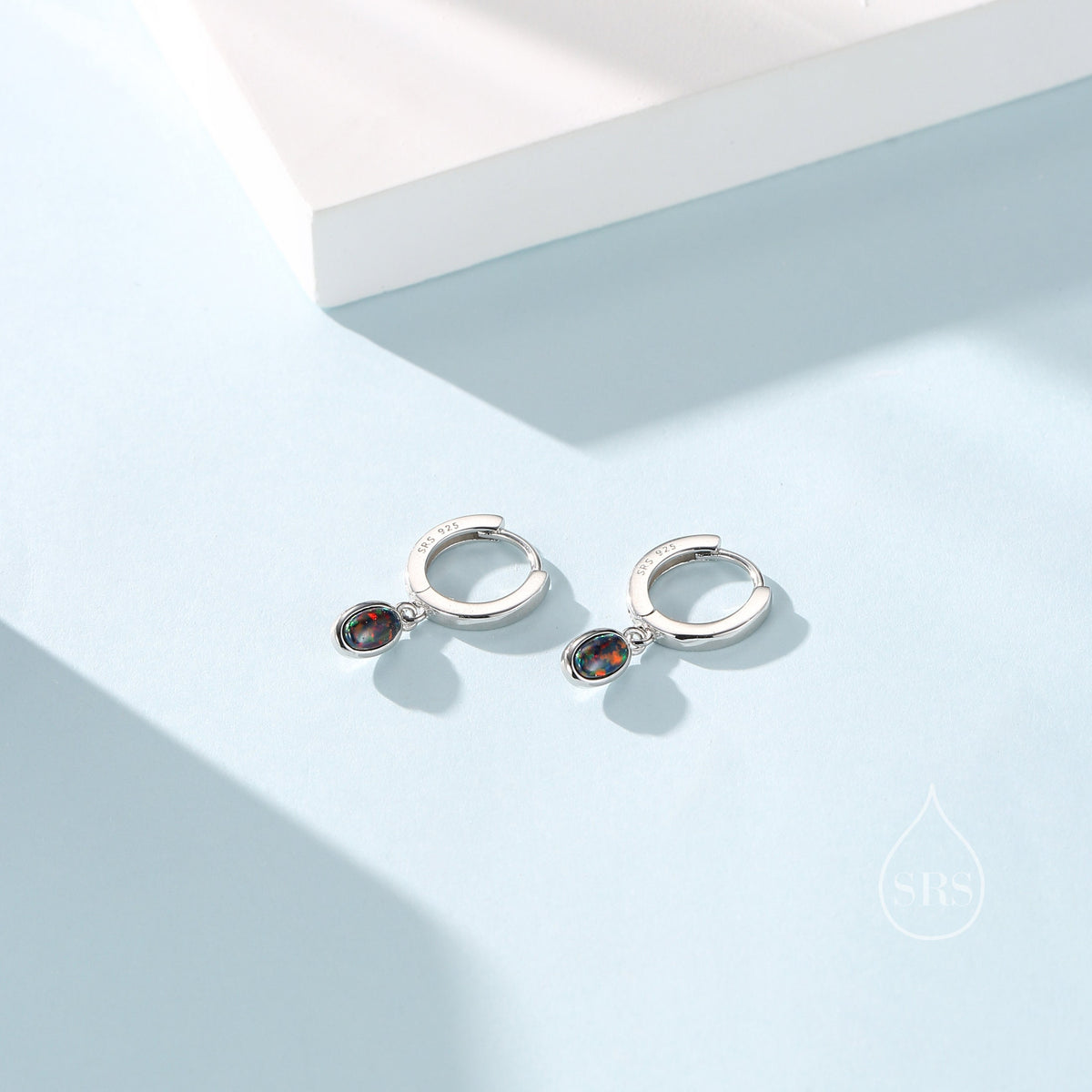 Sterling Silver Dangling Oval Black Opal Hoop Earrings, Lab Created Black Opal Charm Dangle Hoop Earrings, Silver or Gold