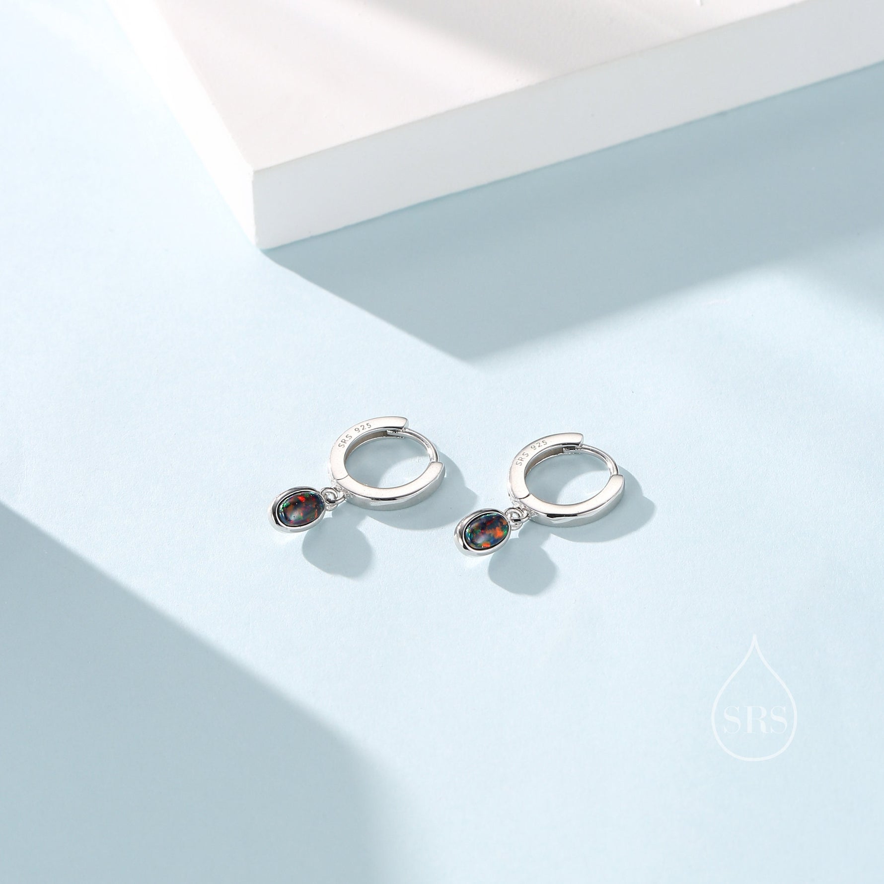 Sterling Silver Dangling Oval Black Opal Hoop Earrings, Lab Created Black Opal Charm Dangle Hoop Earrings, Silver or Gold