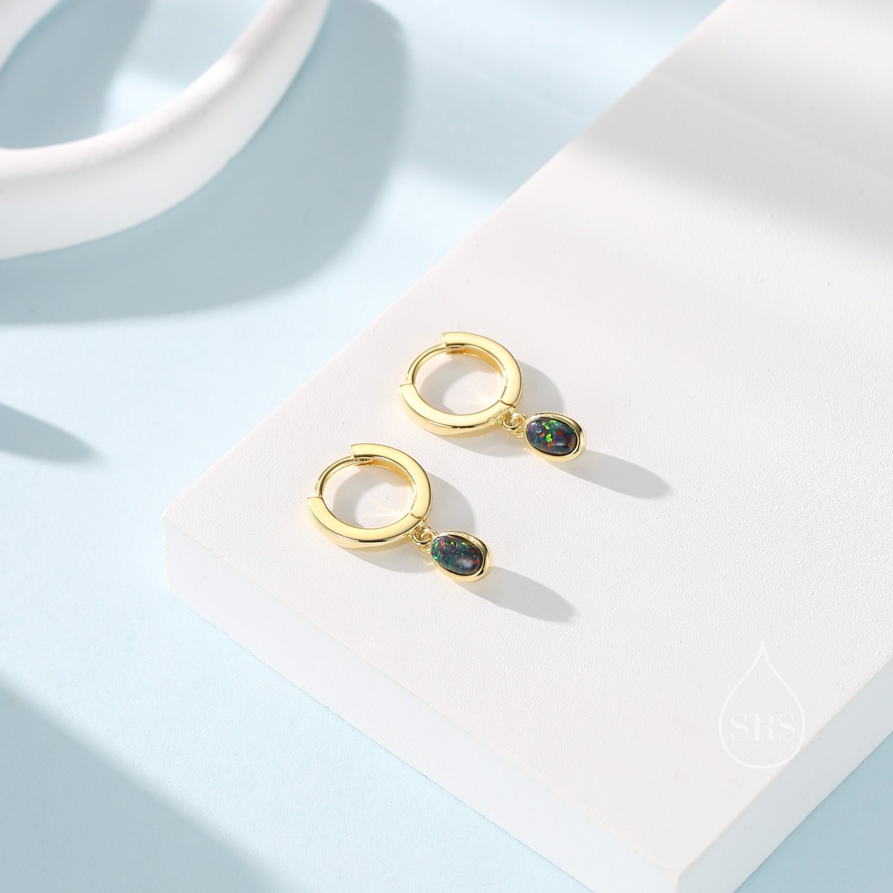 Sterling Silver Dangling Oval Black Opal Hoop Earrings, Lab Created Black Opal Charm Dangle Hoop Earrings, Silver or Gold