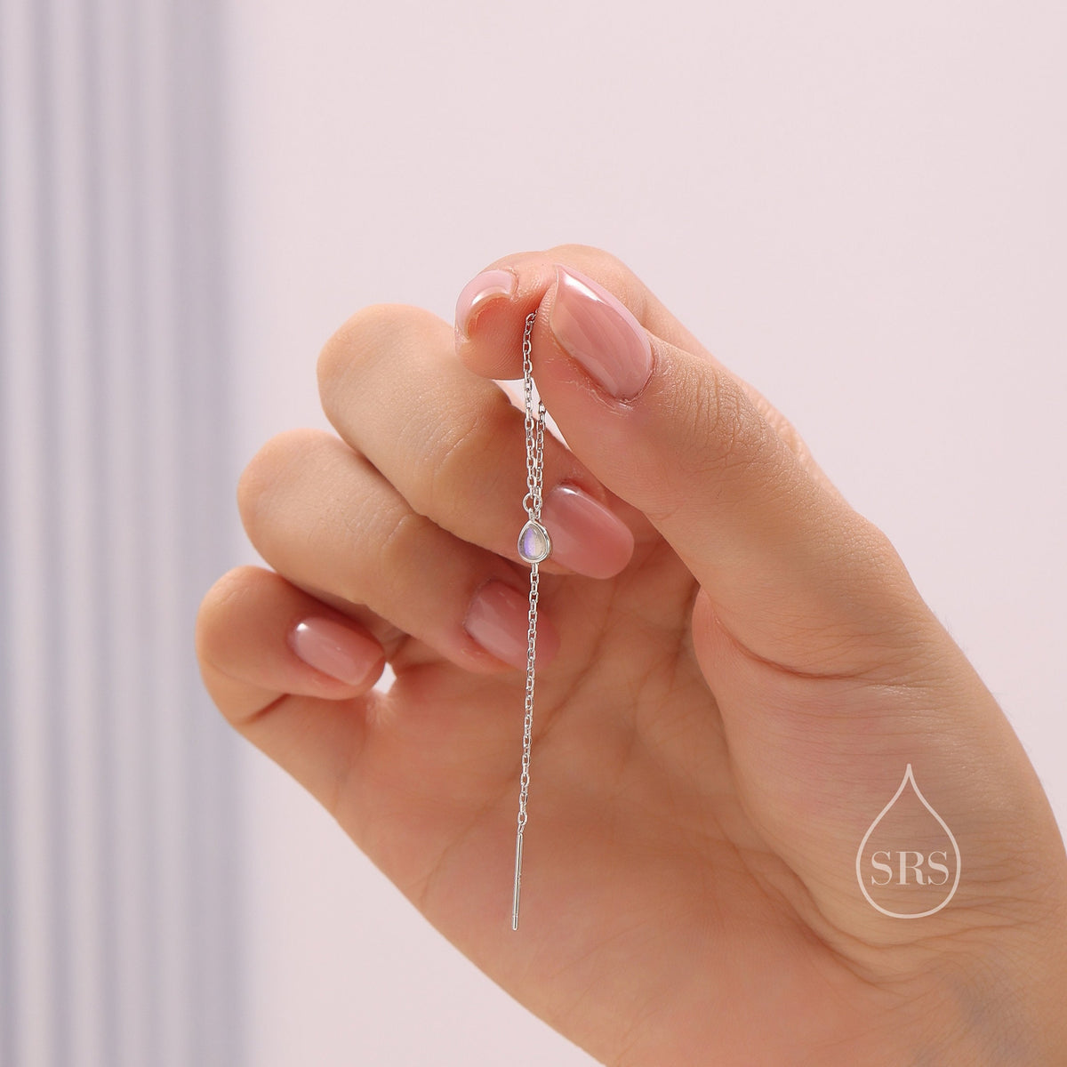 Extra Tiny Moonstone Droplet Long Threader Earrings in Sterling Silver, 3x4mm Pear Shape Lab Moonstone, Silver or Gold or Rosegold