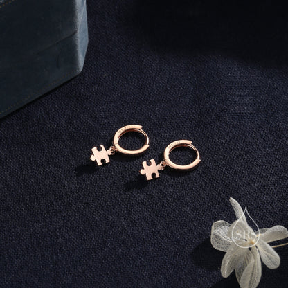 Sterling Silver Jigsaw Huggie Hoops, Silver, Gold or Rose Gold, Detachable Cute Jigsaw Hoop Earrings, Jigsaw Earrings