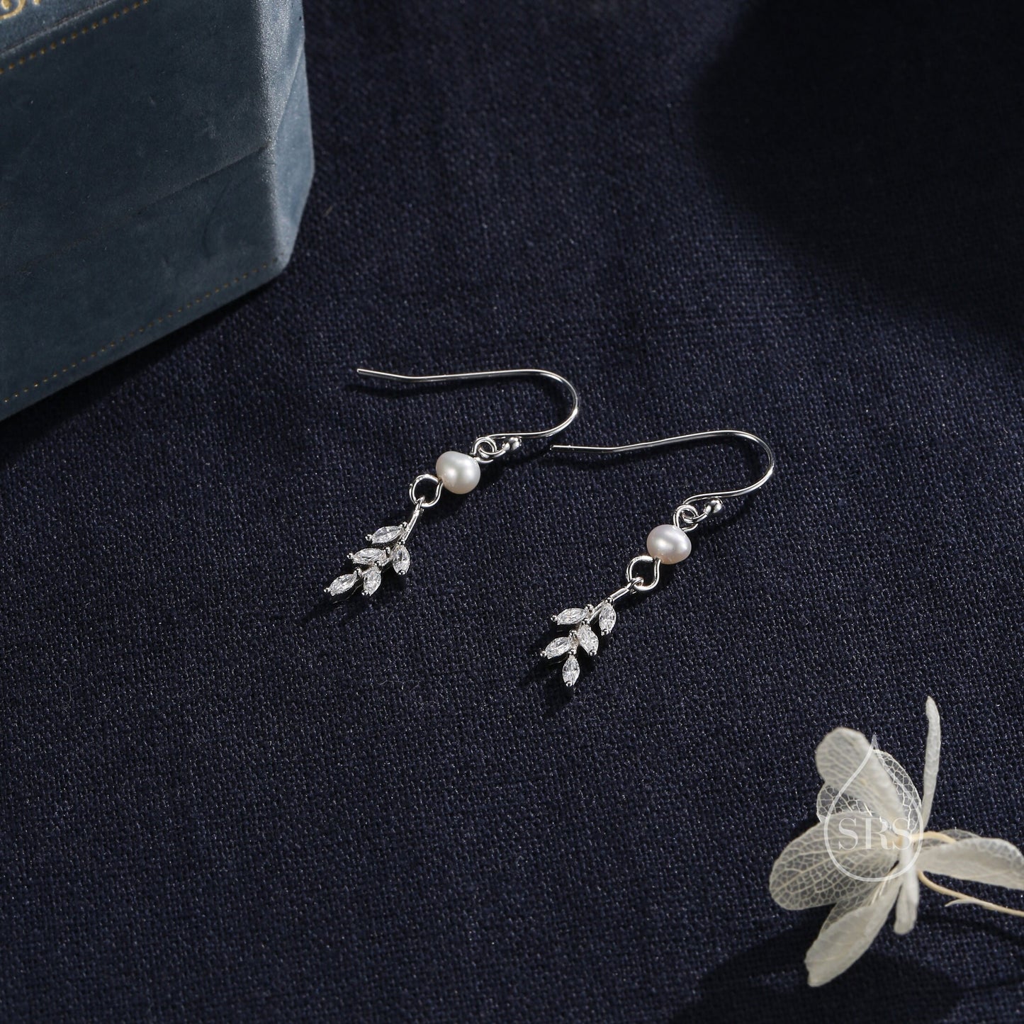 CZ Leaf Charm Drop Hook Earrings in Sterling Silver with Genuine Freshwater Pearls, Silver or Gold, Crystal Leaf Hook Earrings,Leaf Earrings