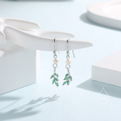 Green CZ Leaf Charm Drop Hook Earrings in Sterling Silver with Genuine Freshwater Pearls, Silver or Gold, Crystal Leaf Hook Earrings