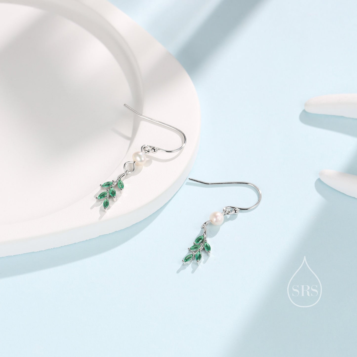 Green CZ Leaf Charm Drop Hook Earrings in Sterling Silver with Genuine Freshwater Pearls, Silver or Gold, Crystal Leaf Hook Earrings