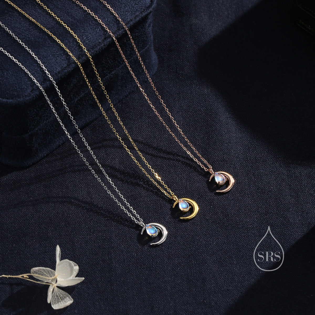 Moonstone Moon and Droplet Pendant Necklace in Sterling Silver, Silver or Gold or Rose Gold, Moonstone Starburst, Moon and Sun, Moon Face