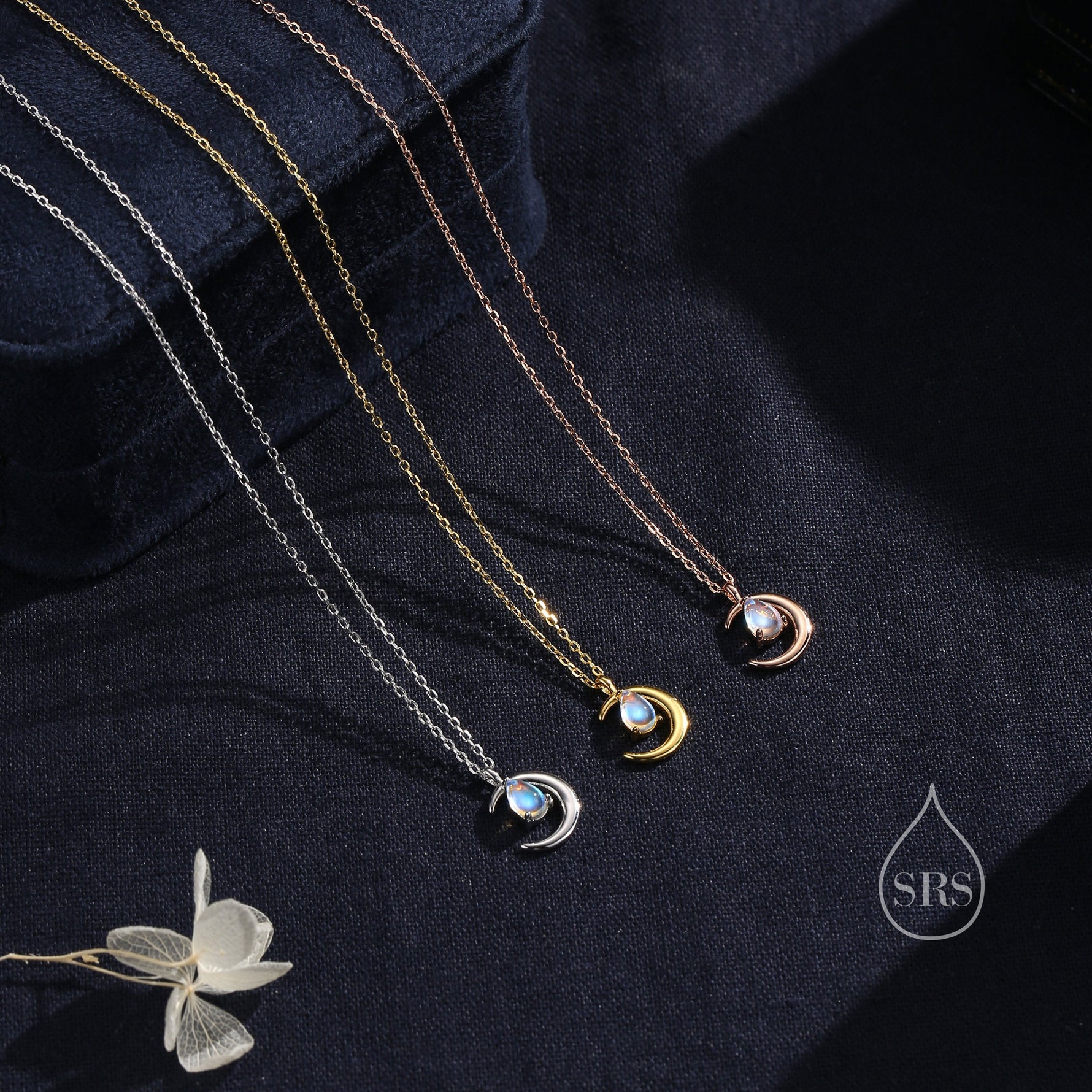 Moonstone Moon and Droplet Pendant Necklace in Sterling Silver, Silver or Gold or Rose Gold, Moonstone Starburst, Moon and Sun, Moon Face