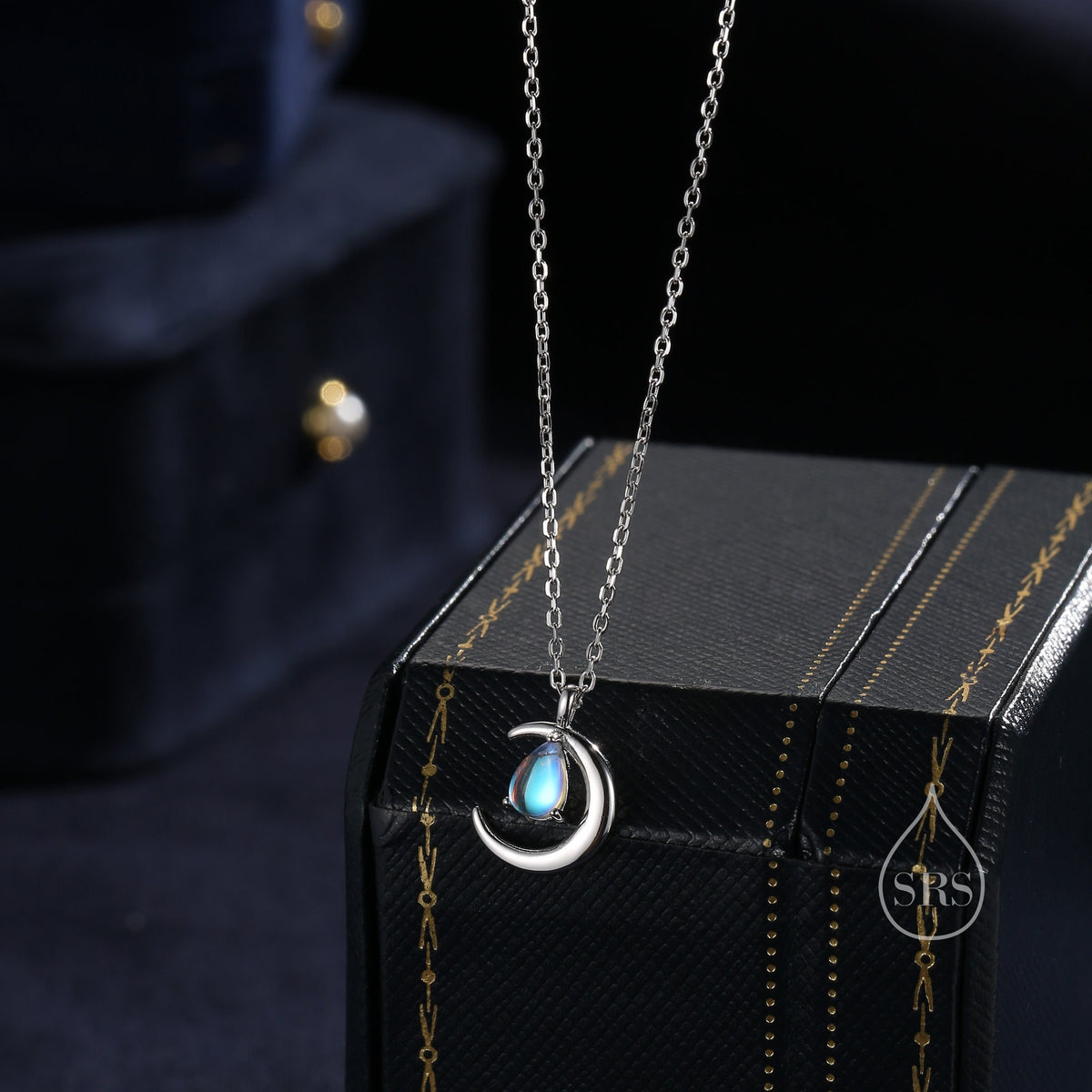 Moonstone Moon and Droplet Pendant Necklace in Sterling Silver, Silver or Gold or Rose Gold, Moonstone Starburst, Moon and Sun, Moon Face
