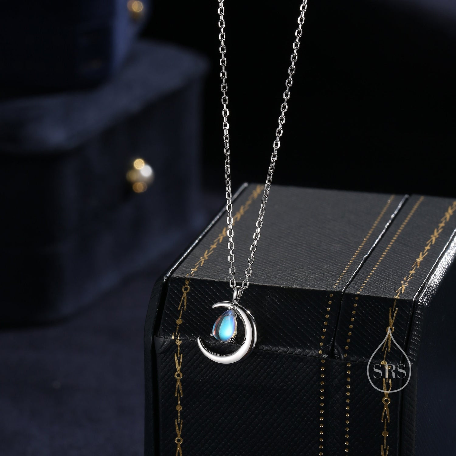 Moonstone Moon and Droplet Pendant Necklace in Sterling Silver, Silver or Gold or Rose Gold, Moonstone Starburst, Moon and Sun, Moon Face