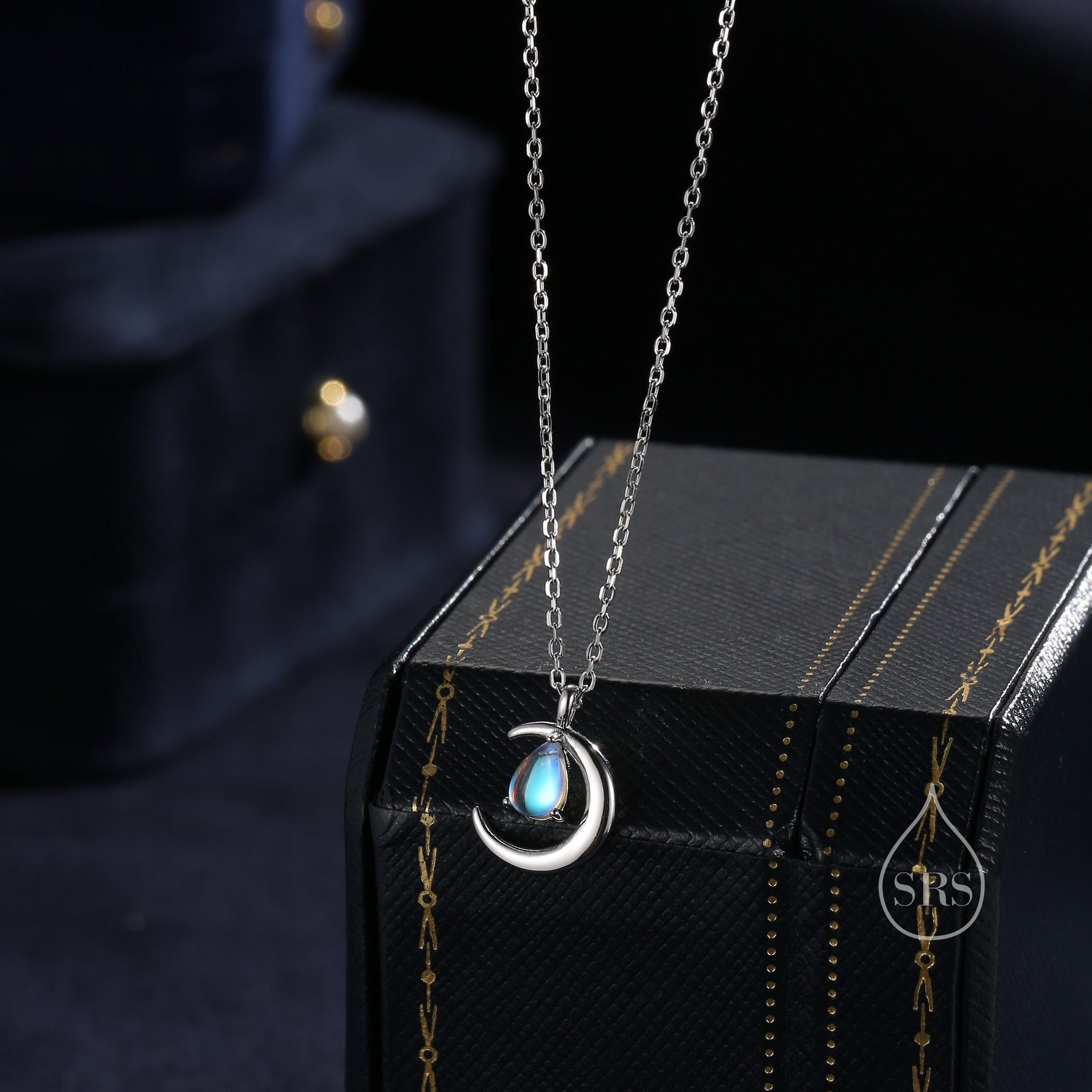Moonstone Moon and Droplet Pendant Necklace in Sterling Silver, Silver or Gold or Rose Gold, Moonstone Starburst, Moon and Sun, Moon Face