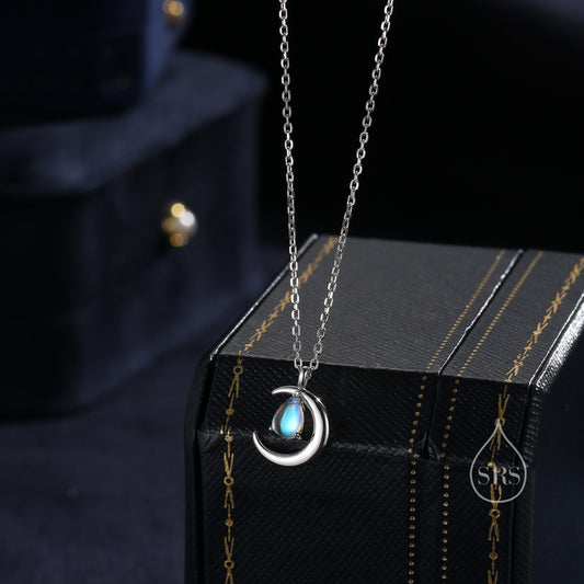 Moonstone Moon and Droplet Pendant Necklace in Sterling Silver, Silver or Gold or Rose Gold, Moonstone Starburst, Moon and Sun, Moon Face