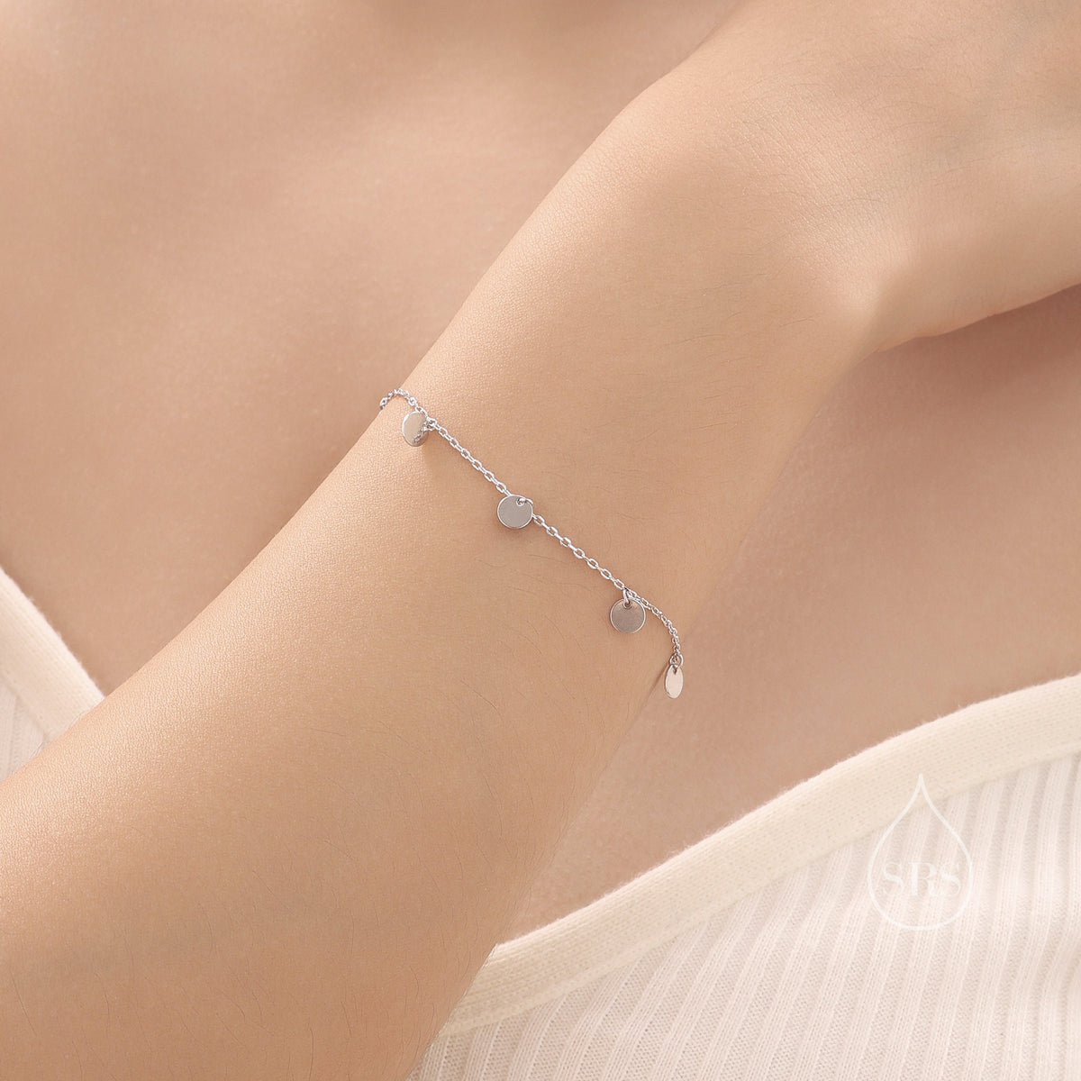 Sterling Silver Disk Charm Bracelet, Silver or Gold, Tiny Disk Charm Bracelet, Delicate Disk Charm Bracelet