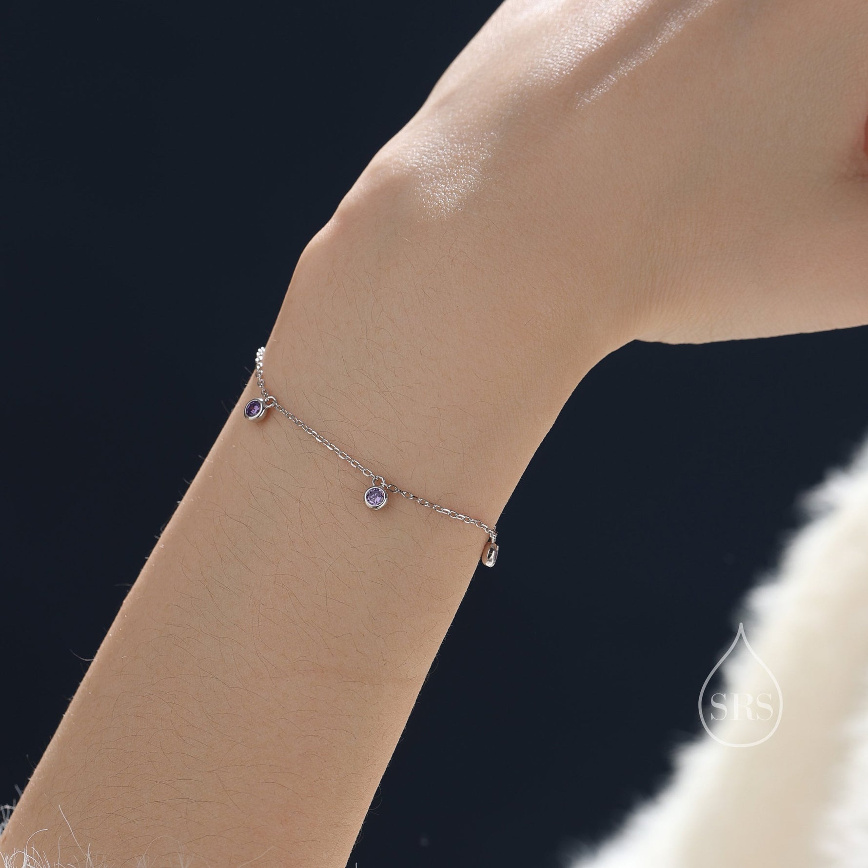 Purple CZ Charm Bracelet in Sterling Silver, Silver or Gold, Amethyst Purple CZ Bracelet, Satellite Bracelet