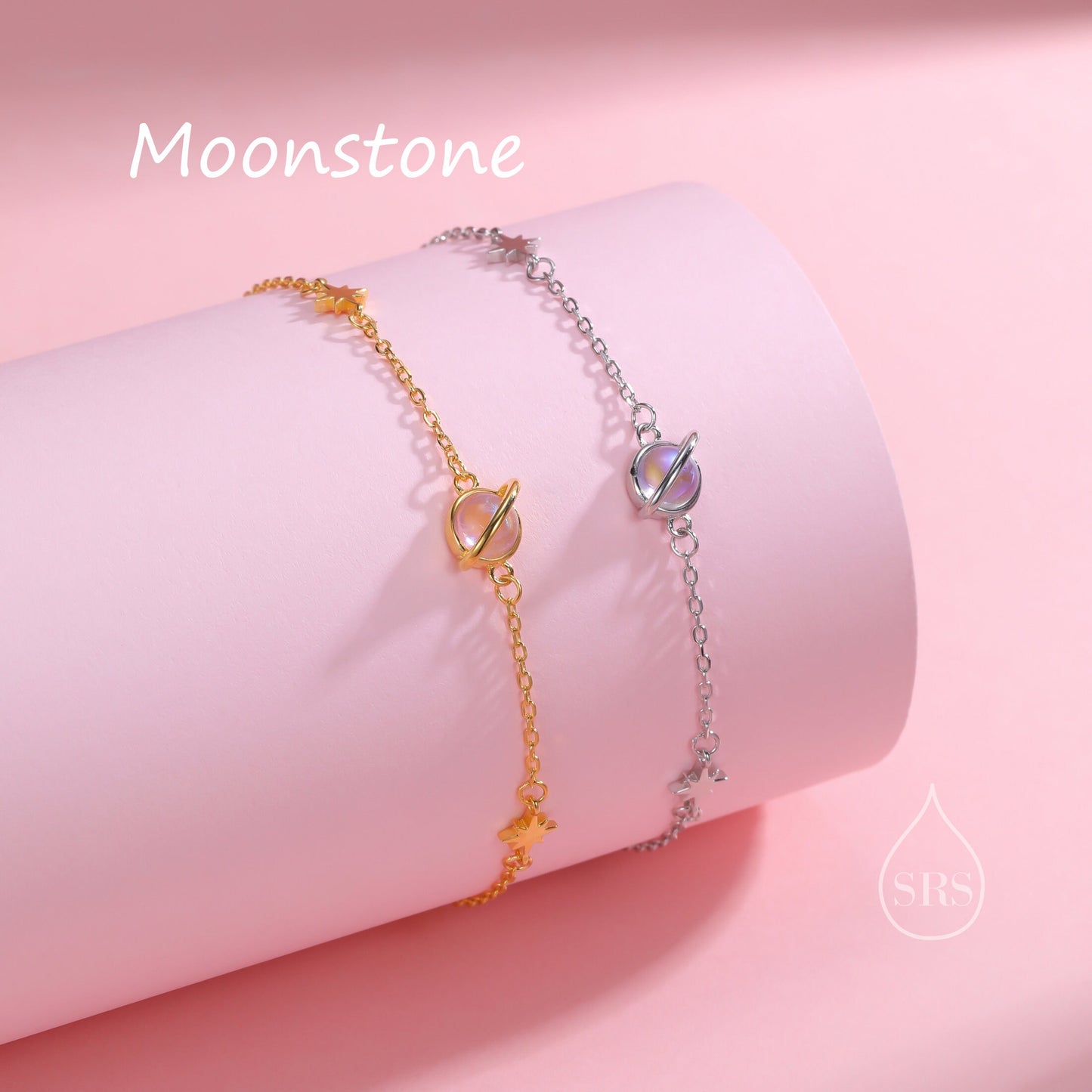 Planet and Starburst Bracelet in Sterling Silver, Silver or Gold, Moonstone or Opal, Saturn and Star Bracelet, Planet Bracelet