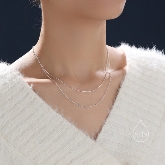 Double Layer Necklace in Sterling Silver with Satellite Chain and Snake Chain,  Silver or Gold or Rose Gold, Chain Necklace