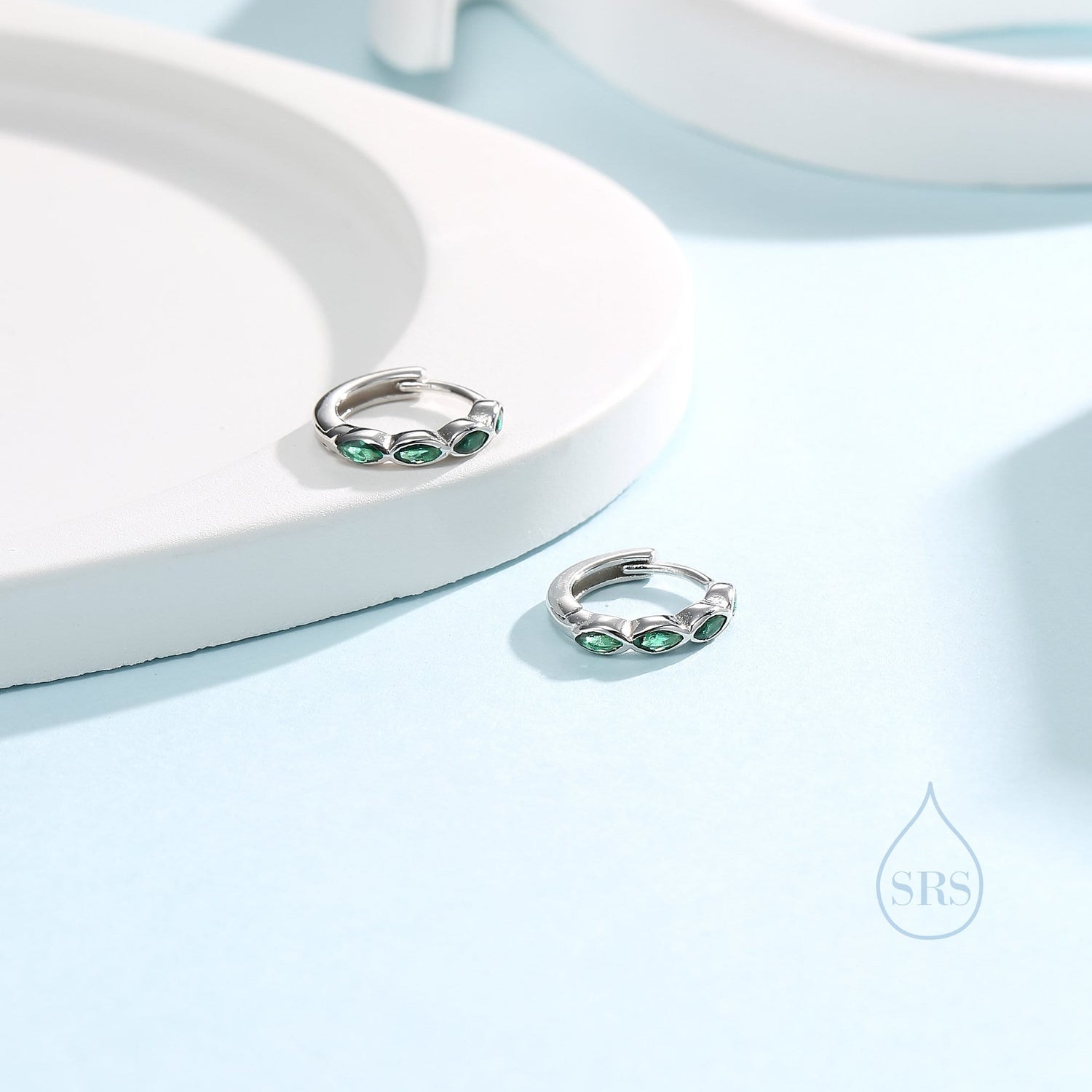 Emerald Green Marquise CZ Huggie Hoop in Sterling Silver, Silver or Gold, Minimalist Simple Green Hoop Earrings
