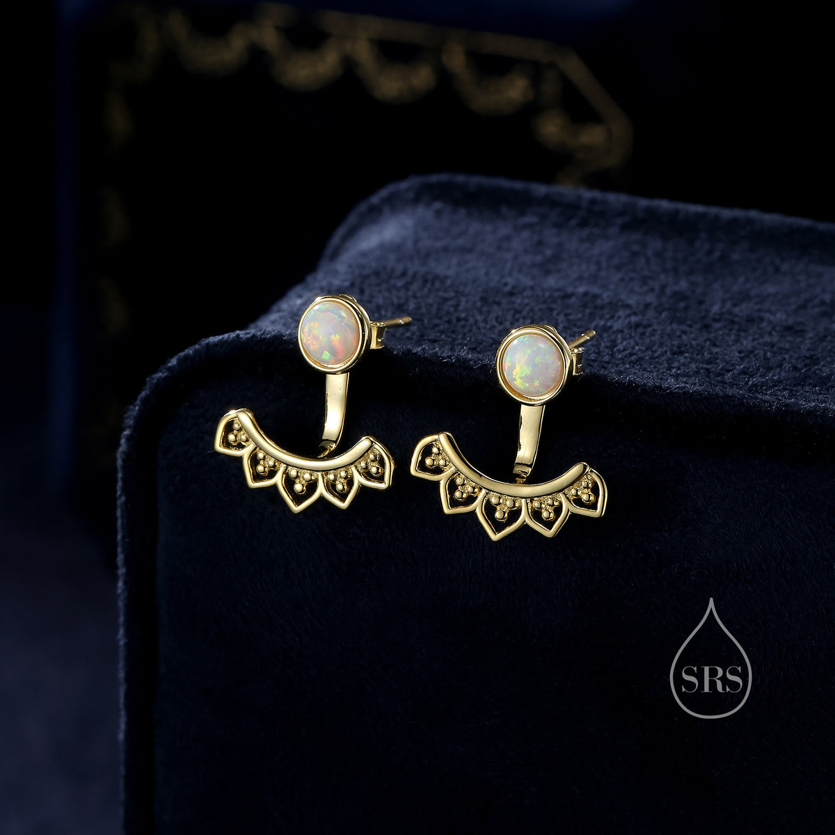 Fire Opal Lotus Ear Jacket in Sterling Silver, Lab Opal Lotus Jacket Earrings in Sterling Silver, Silver or Gold, Front and Back