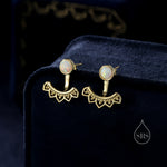 Fire Opal Lotus Ear Jacket in Sterling Silver, Lab Opal Lotus Jacket Earrings in Sterling Silver, Silver or Gold, Front and Back