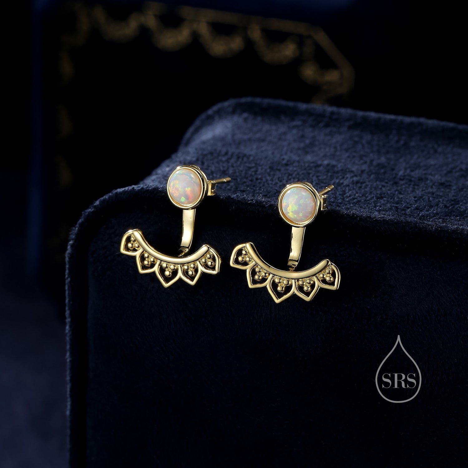Fire Opal Lotus Ear Jacket in Sterling Silver, Lab Opal Lotus Jacket Earrings in Sterling Silver, Silver or Gold, Front and Back