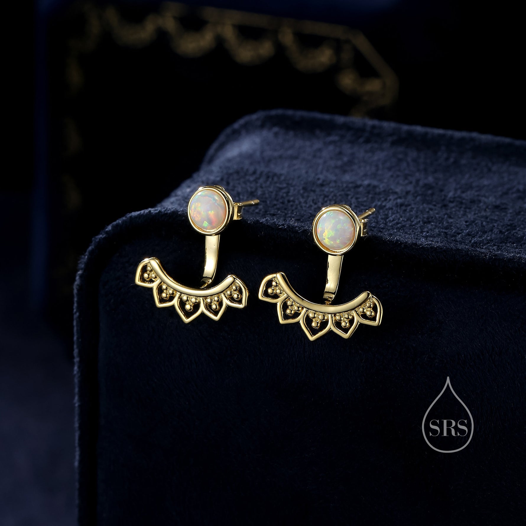 Fire Opal Lotus Ear Jacket in Sterling Silver, Lab Opal Lotus Jacket Earrings in Sterling Silver, Silver or Gold, Front and Back