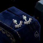Fire Opal Lotus Ear Jacket in Sterling Silver, Lab Opal Lotus Jacket Earrings in Sterling Silver, Silver or Gold, Front and Back
