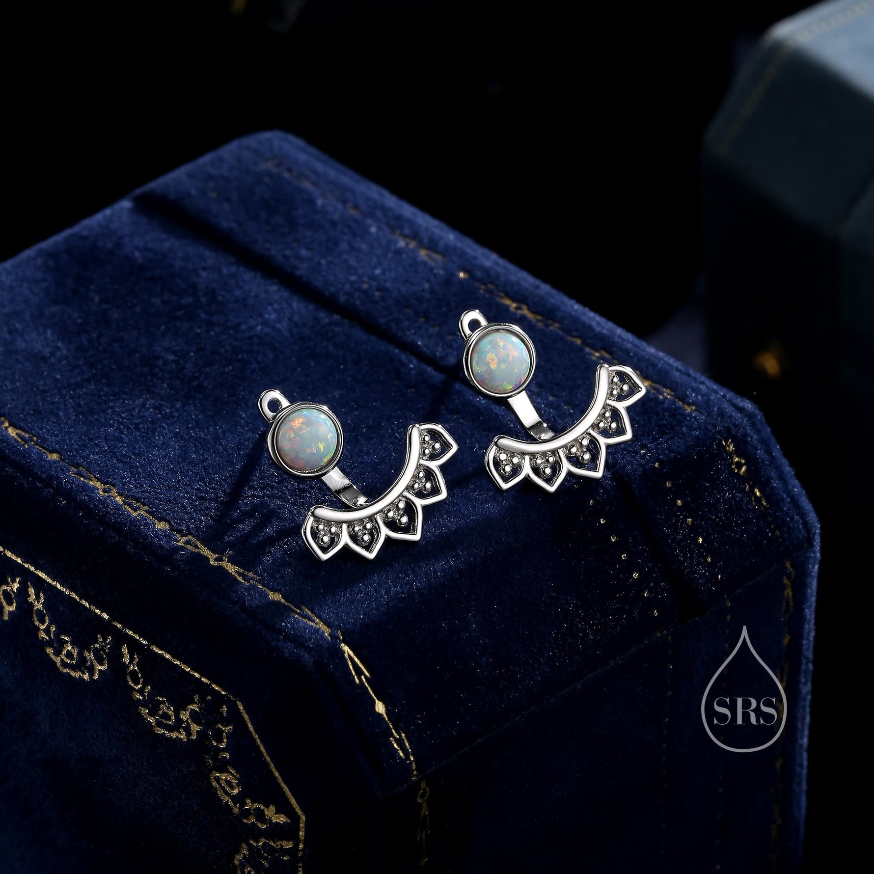 Fire Opal Lotus Ear Jacket in Sterling Silver, Lab Opal Lotus Jacket Earrings in Sterling Silver, Silver or Gold, Front and Back