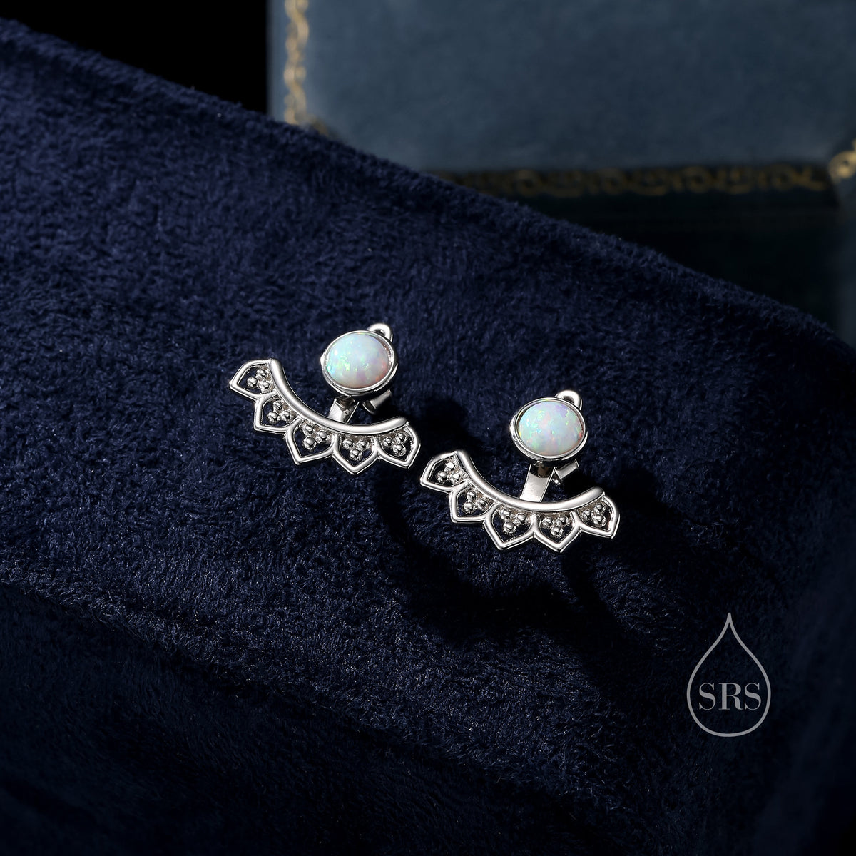 Fire Opal Lotus Ear Jacket in Sterling Silver, Lab Opal Lotus Jacket Earrings in Sterling Silver, Silver or Gold, Front and Back