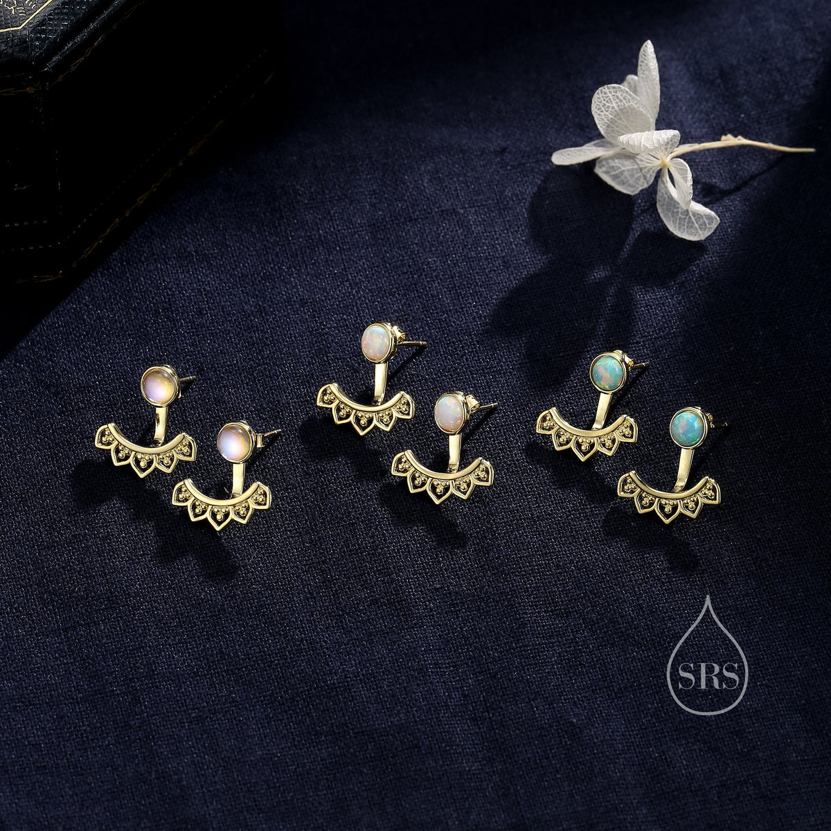 Fire Opal Lotus Ear Jacket in Sterling Silver, Lab Opal Lotus Jacket Earrings in Sterling Silver, Silver or Gold, Front and Back