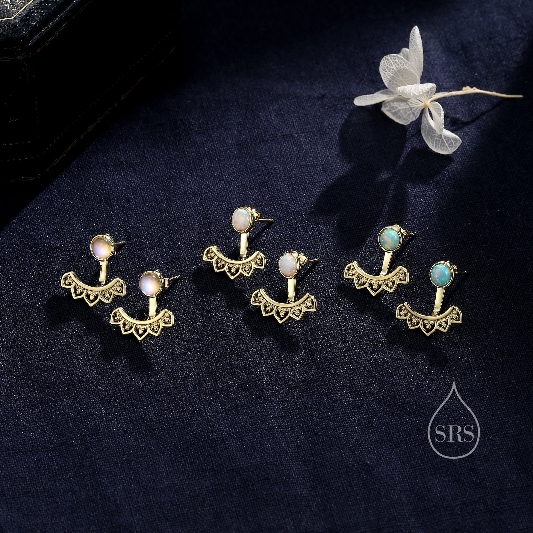 Fire Opal Lotus Ear Jacket in Sterling Silver, Lab Opal Lotus Jacket Earrings in Sterling Silver, Silver or Gold, Front and Back