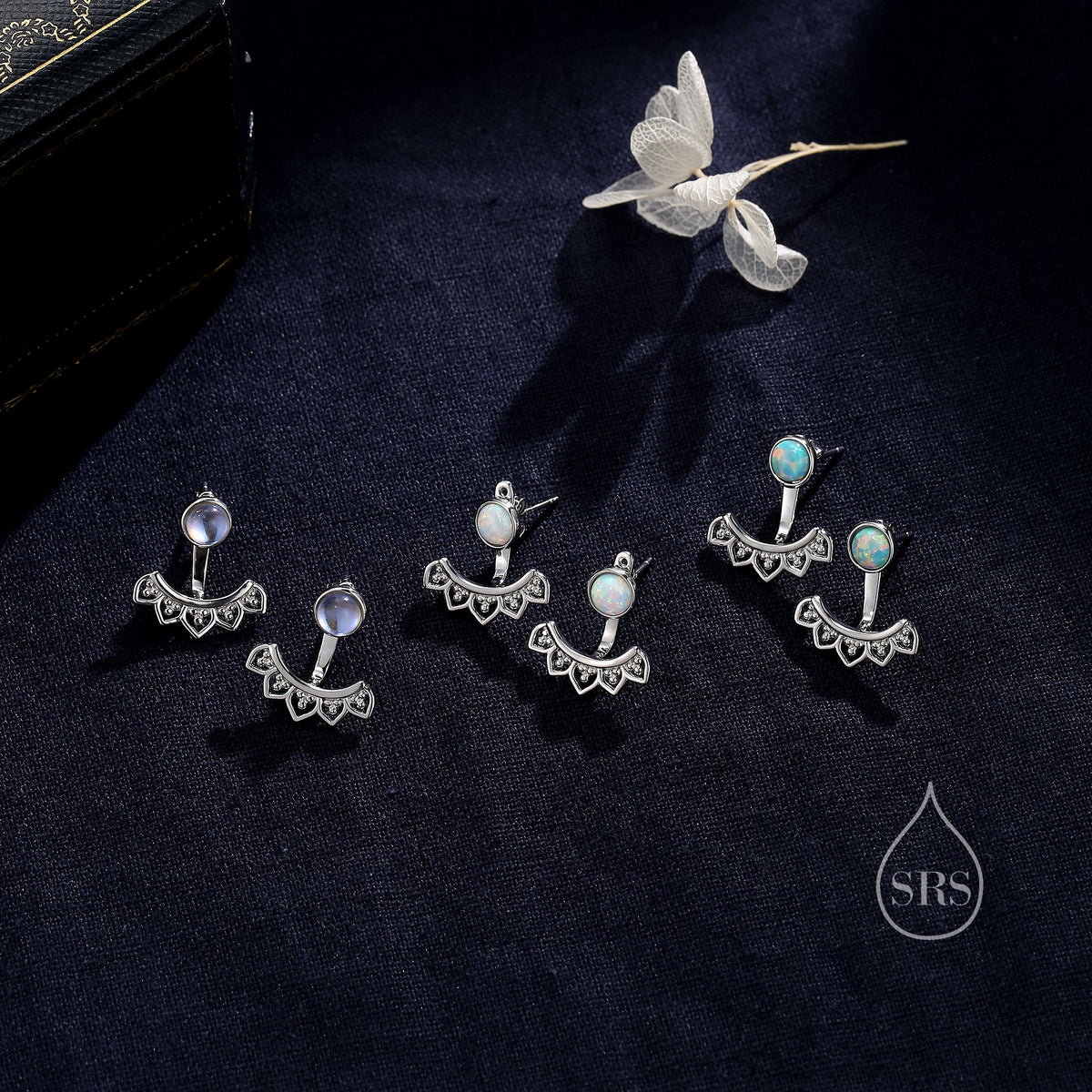 Fire Opal Lotus Ear Jacket in Sterling Silver, Lab Opal Lotus Jacket Earrings in Sterling Silver, Silver or Gold, Front and Back