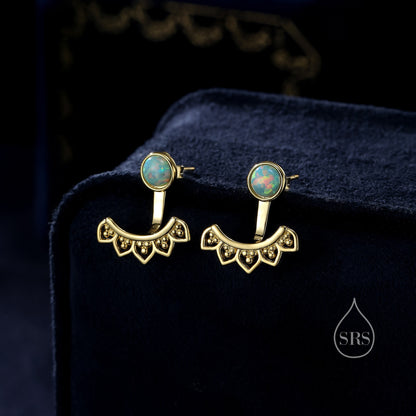 Aqua Green Opal Lotus Ear Jacket in Sterling Silver, Lab Opal Lotus Jacket Earrings in Sterling Silver, Silver or Gold, Front and Back