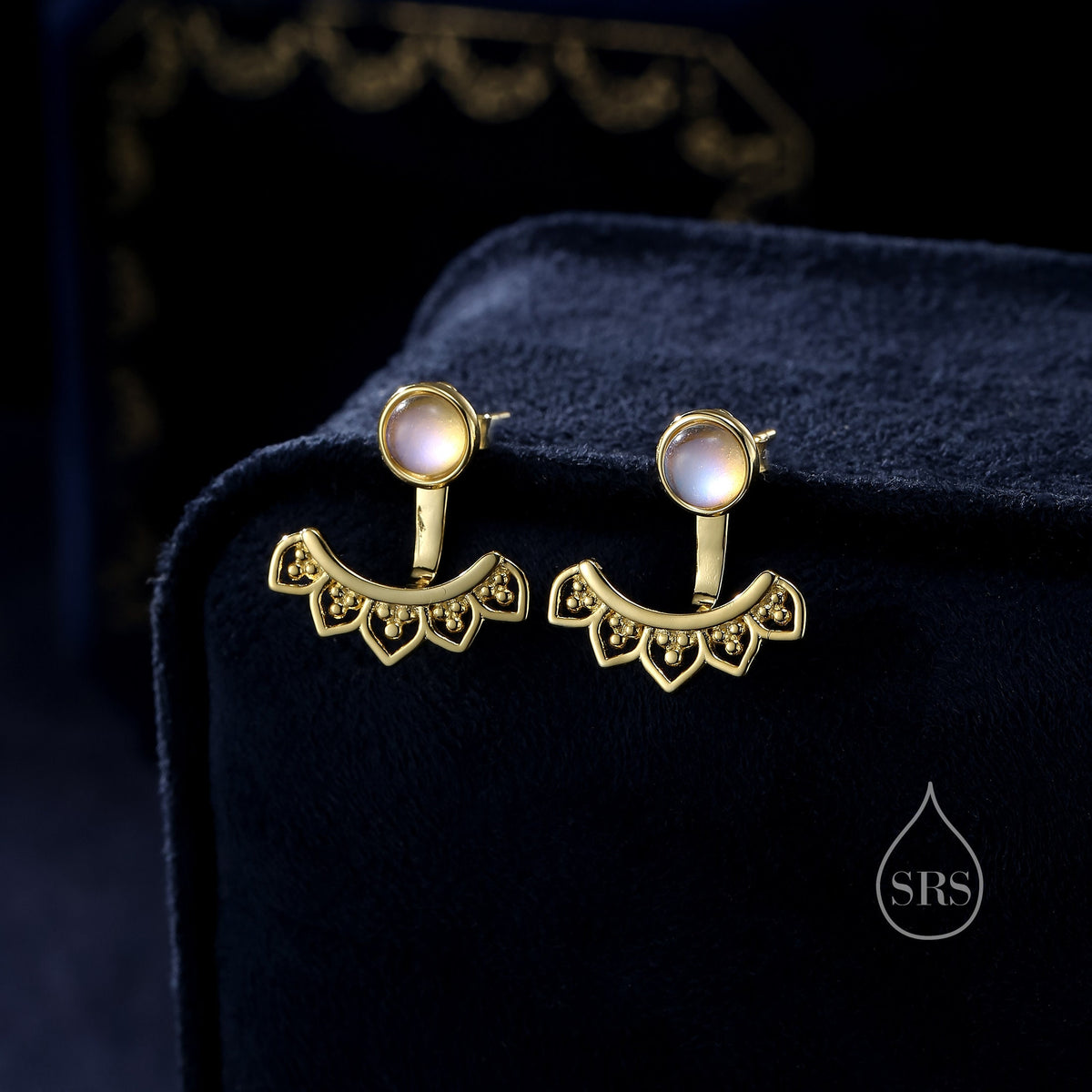 Moonstone Lotus Ear Jacket in Sterling Silver, Lab Moonstone Lotus Jacket Earrings in Sterling Silver, Silver or Gold, Front and Back