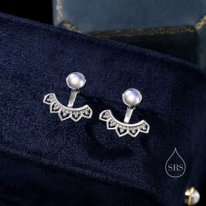 Moonstone Lotus Ear Jacket in Sterling Silver, Lab Moonstone Lotus Jacket Earrings in Sterling Silver, Silver or Gold, Front and Back