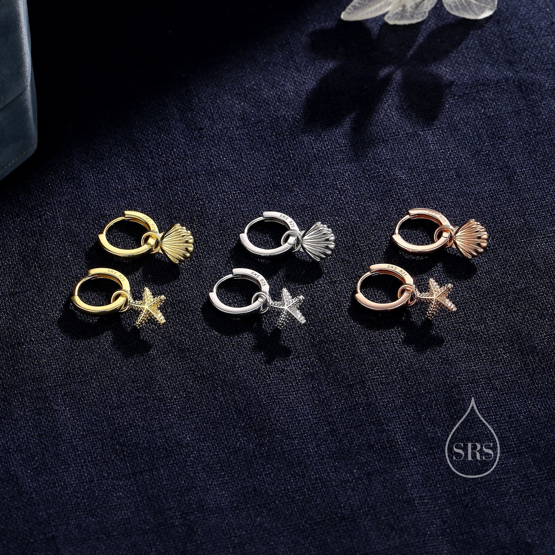 Sterling Silver Mismatched Shell and Starfish Huggie Hoops, Silver, Gold or Rose Gold, Detachable Cute Shell Hoop Earrings,